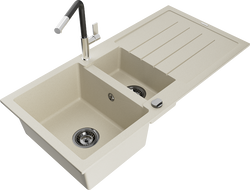 Mexen Andres granite sink 1.5-bowl with drainer and kitchen faucet Flora, beige - 6515-69-670401-07-B