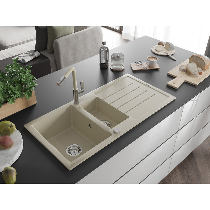 Mexen Andres granite sink 1.5-bowl with drainer and Flora kitchen faucet, beige - 6515-69-670401-09