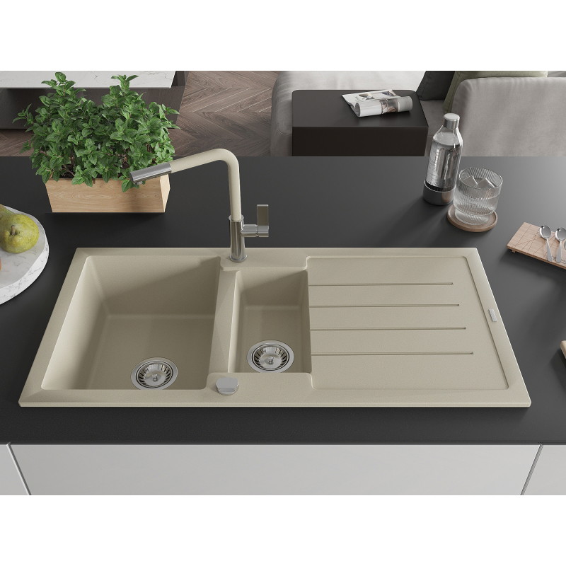 Mexen Andres granite sink 1.5-bowl with drainer and Flora kitchen faucet, beige - 6515-69-670401-09