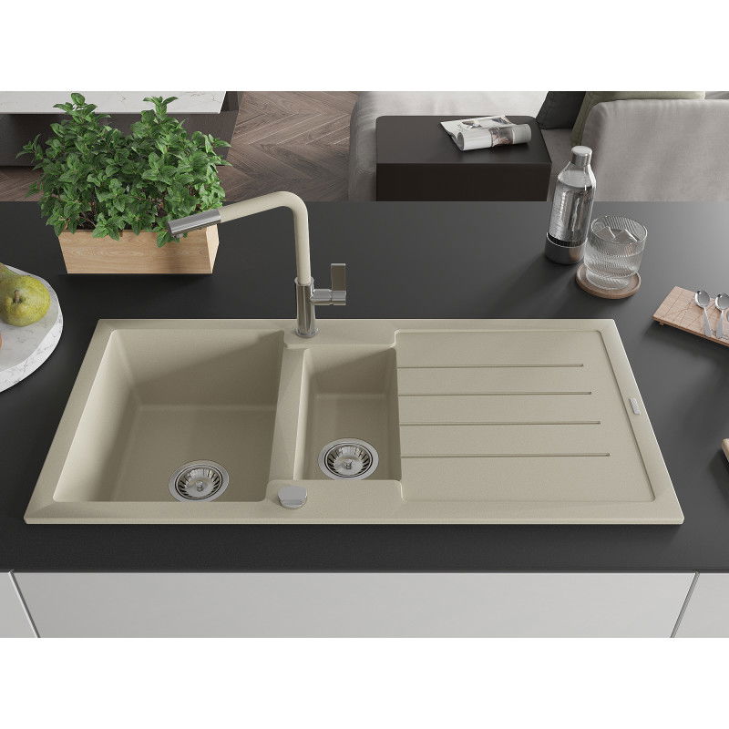 Mexen Andres granite sink 1.5-bowl with drainer and Flora kitchen tap, beige - 6515-69-670401-09