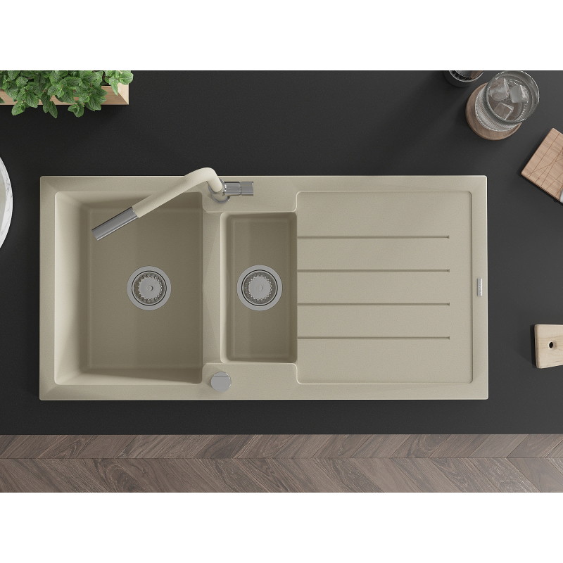 Mexen Andres granite sink 1.5-bowl with drainer and Flora kitchen faucet, beige - 6515-69-670401-09