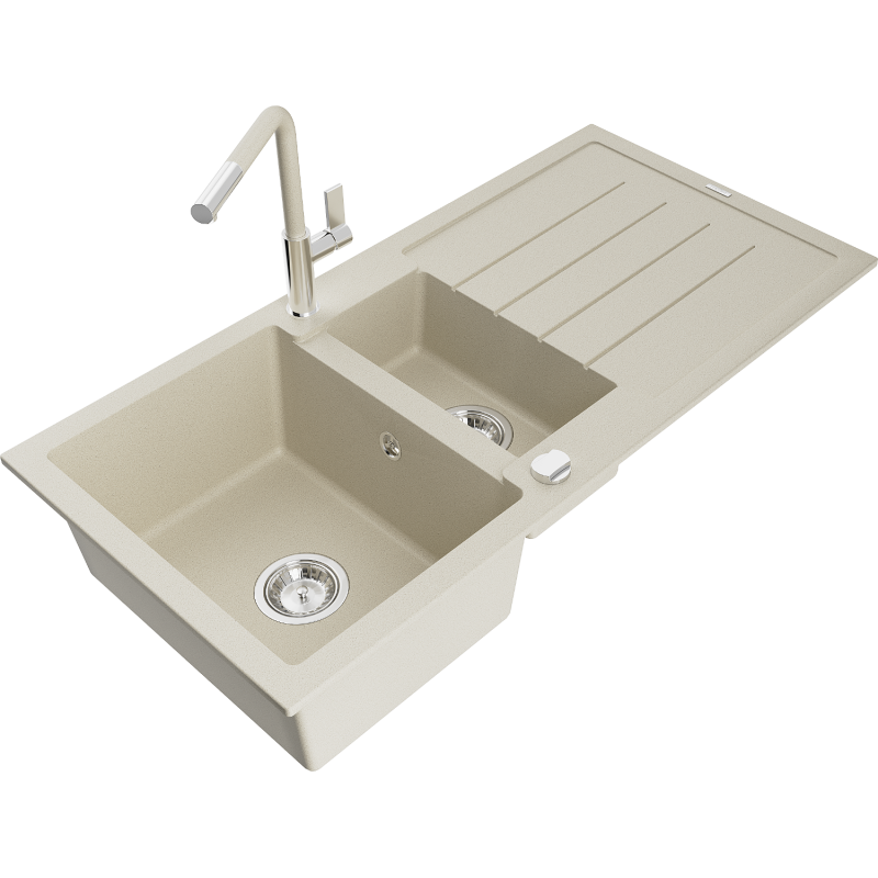 Mexen Andres 1.5-compartment granite sink with a drip tray and kitchen mixer tap Flora, Beige - 6515-69-670401-09