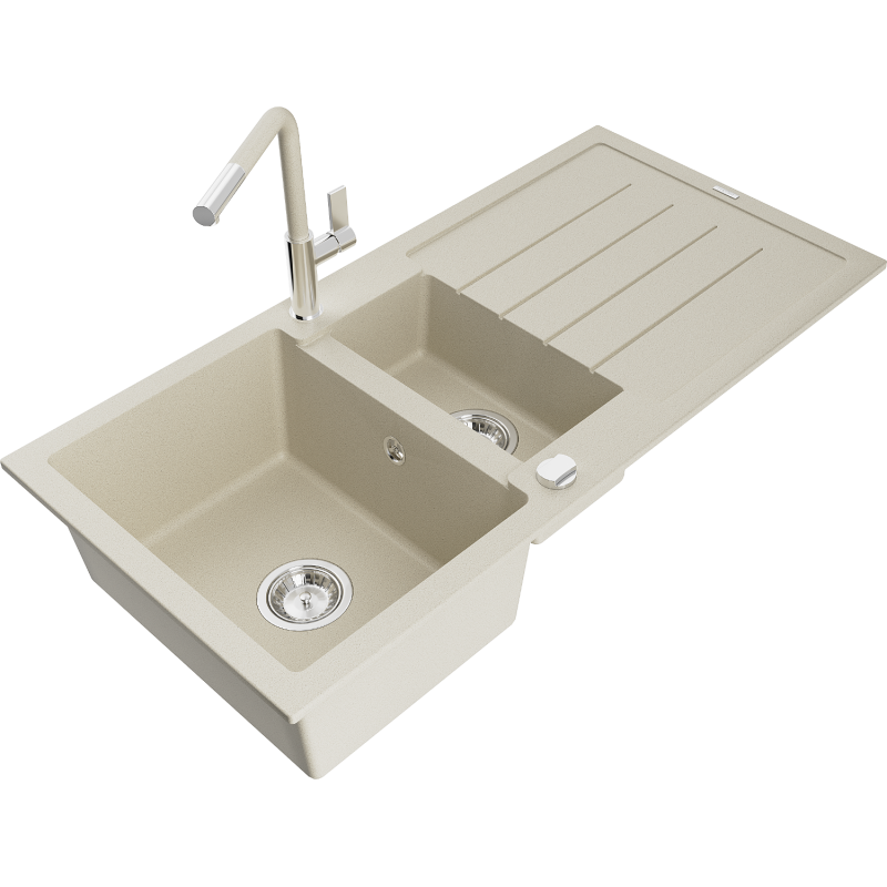 Mexen Andres granite sink 1.5-bowl with drainer and Flora kitchen tap, beige - 6515-69-670401-09
