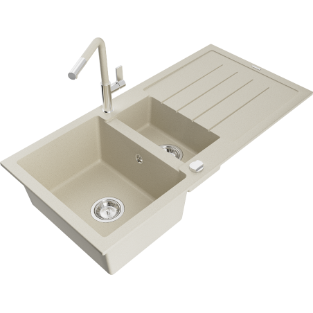 Mexen Andres granite sink 1.5-bowl with drainer and Flora kitchen faucet, beige - 6515-69-670401-09