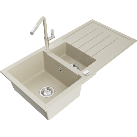 Mexen Andres granite sink 1.5-bowl with drainer and Flora kitchen tap, beige - 6515-69-670401-09