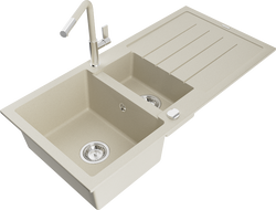 Mexen Andres granite sink 1.5-bowl with drainer and Flora kitchen faucet, beige - 6515-69-670401-09