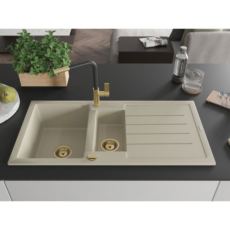 Mexen Andres granite sink 1.5-bowl with drainer and Flora kitchen tap, beige - 6515-69-670401-57-G