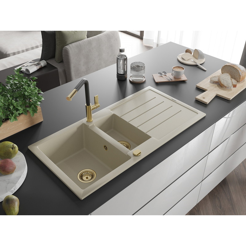 Mexen Andres granite kitchen sink 1.5-bowl with drainer and Flora kitchen faucet, beige - 6515-69-670401-57-G