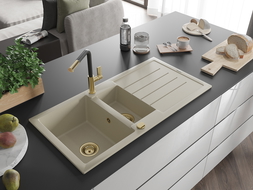 Mexen Andres 1.5-compartment granite sink with a drip tray and kitchen mixer tap Flora, Beige - 6515-69-670401-57-G