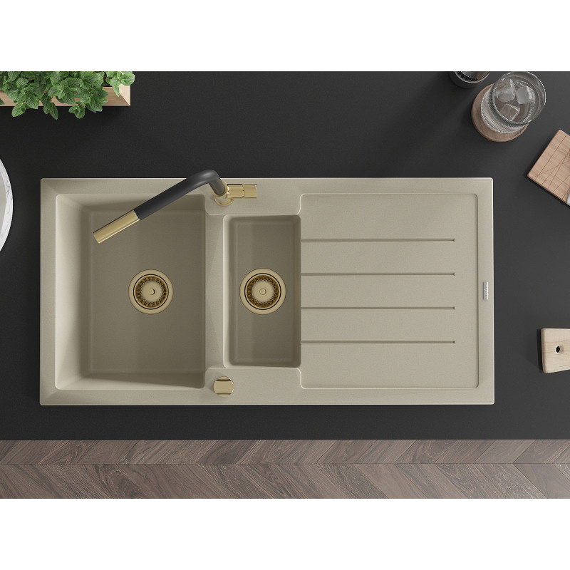 Mexen Andres 1.5-bowl granite sink with drainer and Flora kitchen faucet, beige - 6515-69-670401-57-G