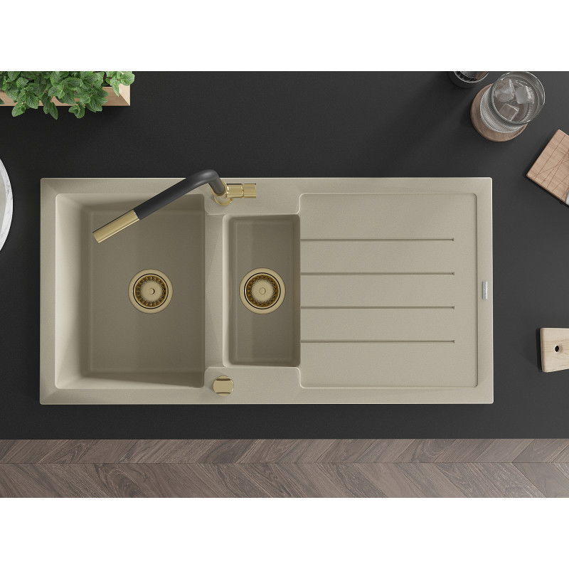 Mexen Andres granite sink 1.5-bowl with drainer and Flora kitchen tap, beige - 6515-69-670401-57-G