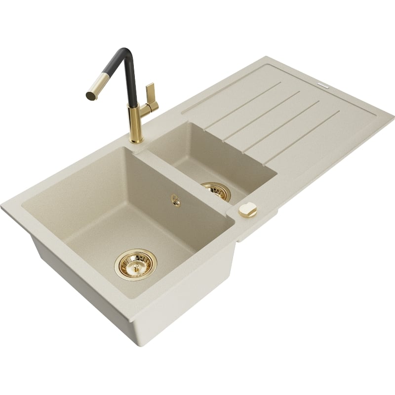 Mexen Andres granite kitchen sink 1.5-bowl with drainer and Flora kitchen faucet, beige - 6515-69-670401-57-G