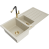 Mexen Andres 1.5-bowl granite sink with drainer and Flora kitchen faucet, beige - 6515-69-670401-57-G