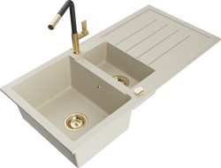 Mexen Andres 1.5-compartment granite sink with a drip tray and kitchen mixer tap Flora, Beige - 6515-69-670401-57-G