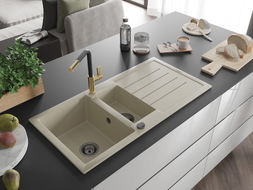 Mexen Andres 1.5-bowl granite sink with drainer and Flora kitchen faucet, beige - 6515-69-670401-57-B