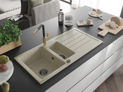 Mexen Andres 1.5-compartment granite sink with a drip tray and kitchen mixer tap Flora, Beige - 6515-69-670401-57-B