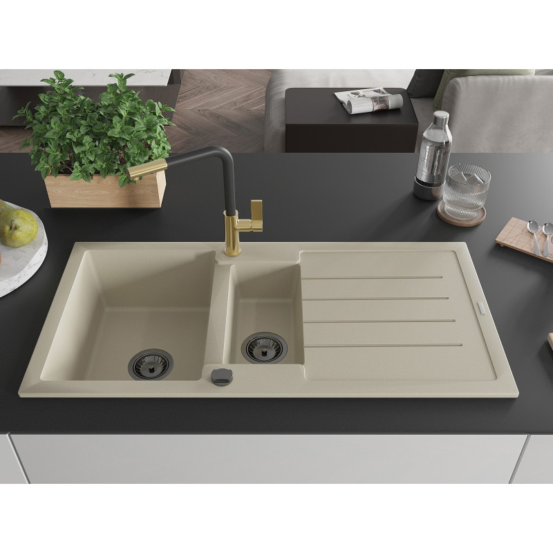 Mexen Andres 1.5-bowl granite sink with drainer and Flora kitchen faucet, beige - 6515-69-670401-57-B