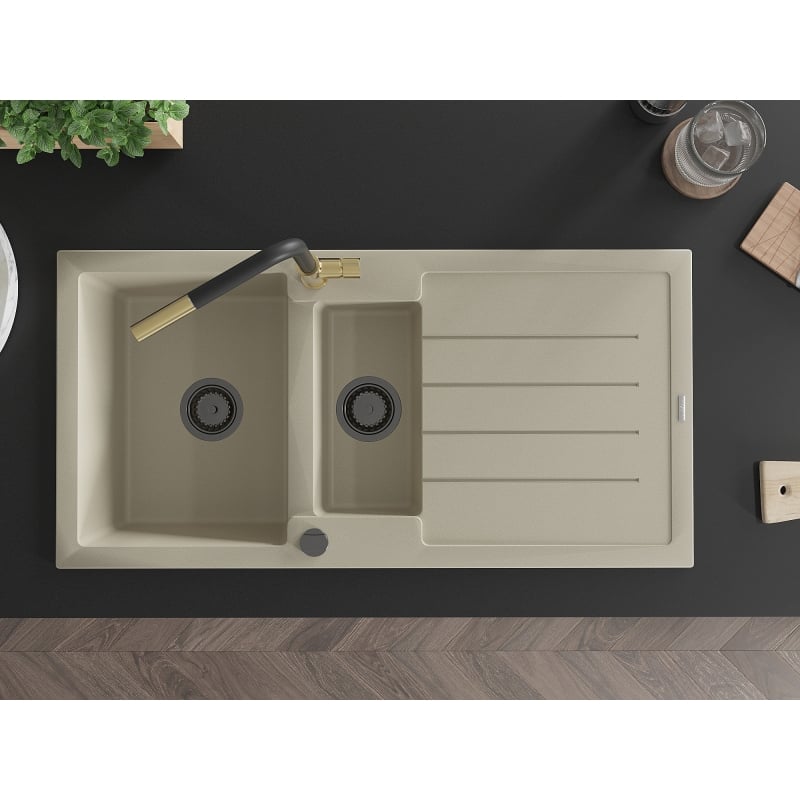 Mexen Andres 1.5-bowl granite sink with drainer and Flora kitchen faucet, beige - 6515-69-670401-57-B