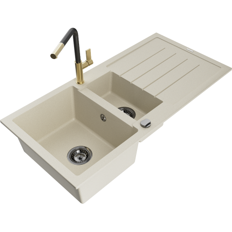 Mexen Andres 1.5-compartment granite sink with a drip tray and kitchen mixer tap Flora, Beige - 6515-69-670401-57-B