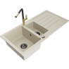 Mexen Andres 1.5-bowl granite sink with drainer and Flora kitchen faucet, beige - 6515-69-670401-57-B