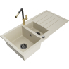Mexen Andres 1.5-compartment granite sink with a drip tray and kitchen mixer tap Flora, Beige - 6515-69-670401-57-B