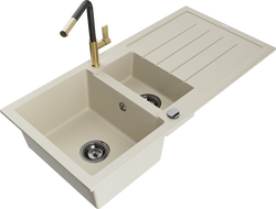 Mexen Andres 1.5-bowl granite sink with drainer and Flora kitchen faucet, beige - 6515-69-670401-57-B