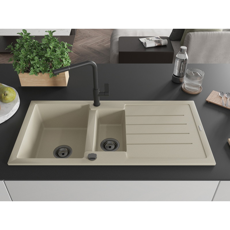 Mexen Andres granite kitchen sink 1.5-bowl with drainer and Flora faucet, beige - 6515-69-670401-70-B