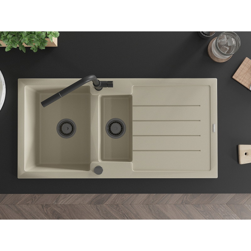 Mexen Andres granite kitchen sink 1.5-bowl with drainer and Flora faucet, beige - 6515-69-670401-70-B