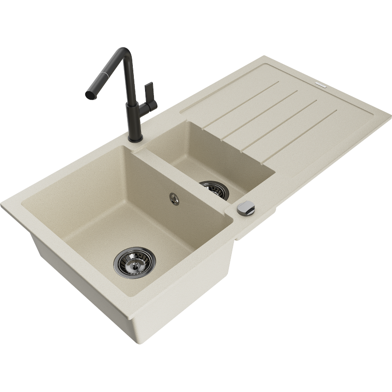 Mexen Andres 1.5-compartment granite sink with a drip tray and kitchen mixer tap Flora, Beige - 6515-69-670401-70-B