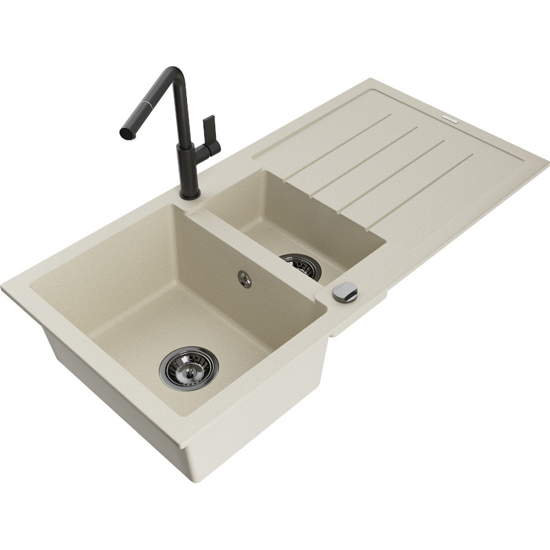 Mexen Andres granite kitchen sink 1.5-bowl with drainer and Flora faucet, beige - 6515-69-670401-70-B