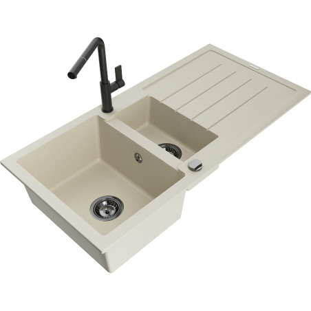 Mexen Andres 1.5-compartment granite sink with a drip tray and kitchen mixer tap Flora, Beige - 6515-69-670401-70-B
