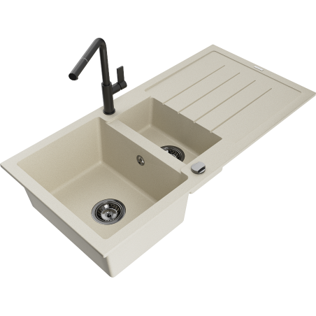 Mexen Andres granite sink 1.5-bowl with drainer and Flora kitchen tap, beige - 6515-69-670401-70-B
