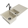 Mexen Andres 1.5-compartment granite sink with a drip tray and kitchen mixer tap Flora, Beige - 6515-69-670401-70-B