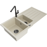 Mexen Andres granite kitchen sink 1.5-bowl with drainer and Flora faucet, beige - 6515-69-670401-70-B
