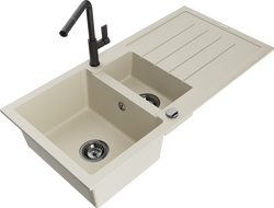 Mexen Andres 1.5-compartment granite sink with a drip tray and kitchen mixer tap Flora, Beige - 6515-69-670401-70-B