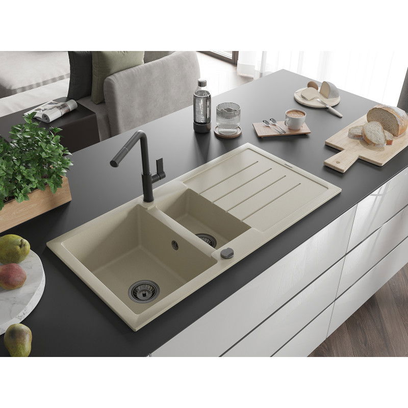 Mexen Andres granite sink 1.5-bowl with drainer and Flora kitchen tap, beige - 6515-69-670401-70-B