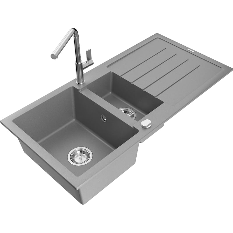 Mexen Andres granite sink 1.5-bowl with drainer and Flora kitchen faucet, gray - 6515-71-670401-00