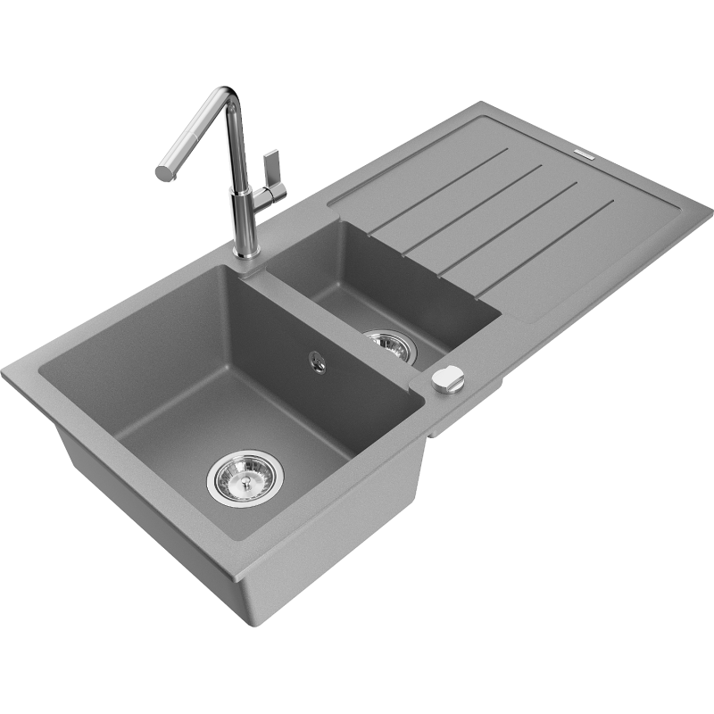 Mexen Andres granite sink 1.5-bowl with drainer and Flora kitchen tap, grey - 6515-71-670401-00