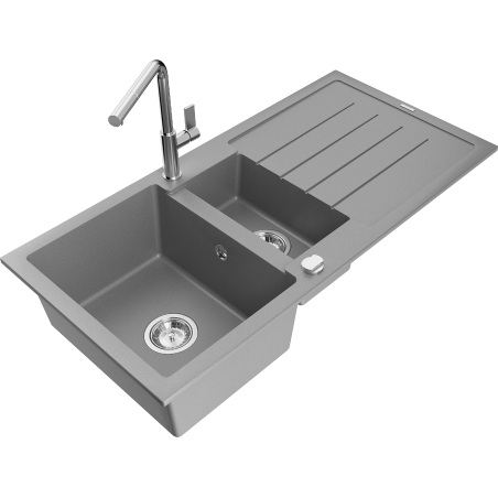 Mexen Andres 1.5-compartment granite sink with a drip tray and kitchen mixer tap Flora, Grey - 6515-71-670401-00