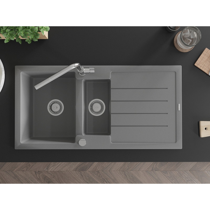 Mexen Andres granite sink 1.5-bowl with drainer and Flora kitchen faucet, gray - 6515-71-670401-00