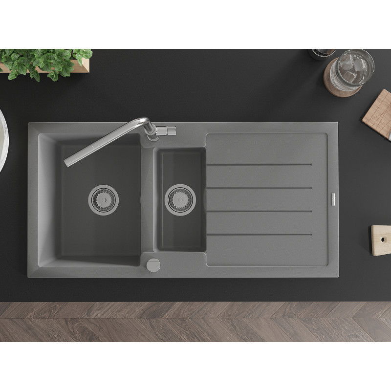 Mexen Andres granite sink 1.5-bowl with drainer and Flora kitchen tap, grey - 6515-71-670401-00