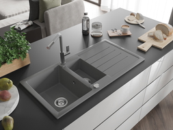 Mexen Andres 1.5-compartment granite sink with a drip tray and kitchen mixer tap Flora, Grey - 6515-71-670401-06