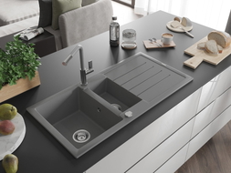 Mexen Andres granite sink 1.5-bowl with drainer and Flora kitchen faucet, gray - 6515-71-670401-06