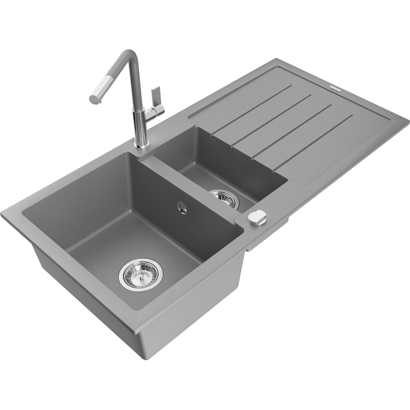 Mexen Andres granite sink 1.5-bowl with drainer and Flora kitchen tap, grey - 6515-71-670401-06
