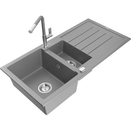 Mexen Andres granite sink 1.5-bowl with drainer and Flora kitchen tap, grey - 6515-71-670401-06