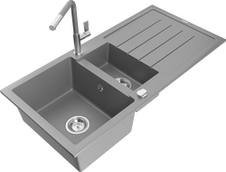 Mexen Andres 1.5-bowl granite sink with drainer and Flora kitchen faucet, gray - 6515-71-670401-06