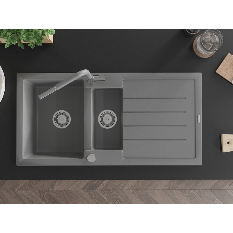 Mexen Andres granite sink 1.5-bowl with drainer and Flora kitchen faucet, gray - 6515-71-670401-06