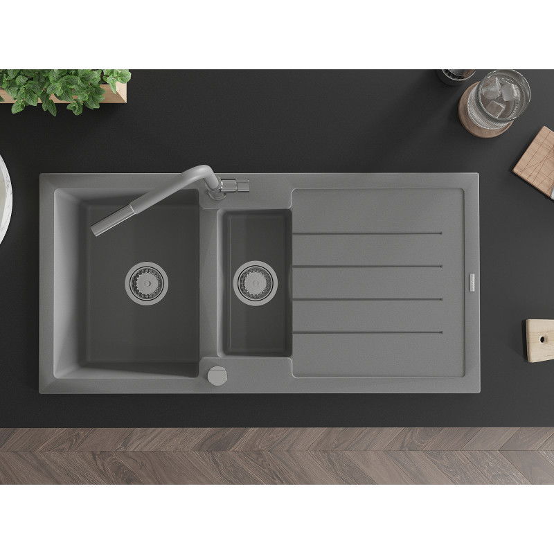 Mexen Andres granite sink 1.5-bowl with drainer and Flora kitchen tap, grey - 6515-71-670401-06