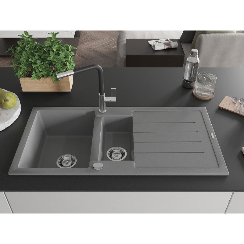 Mexen Andres granite sink 1.5-bowl with drainer and Flora kitchen tap, grey - 6515-71-670401-07