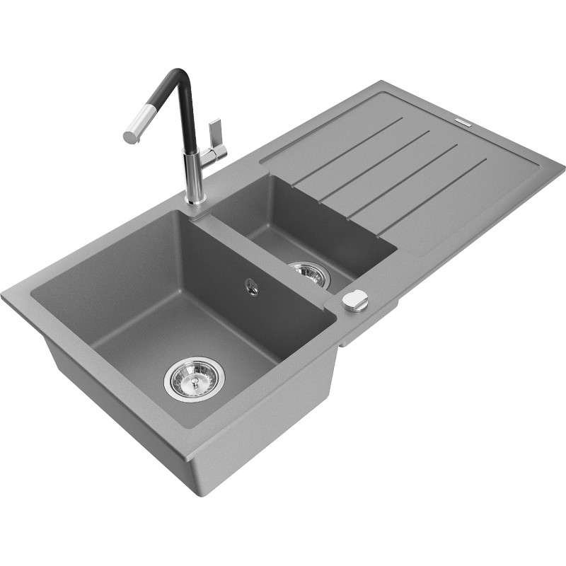 Mexen Andres granite kitchen sink 1.5-bowl with drainer and Flora kitchen faucet, gray - 6515-71-670401-07